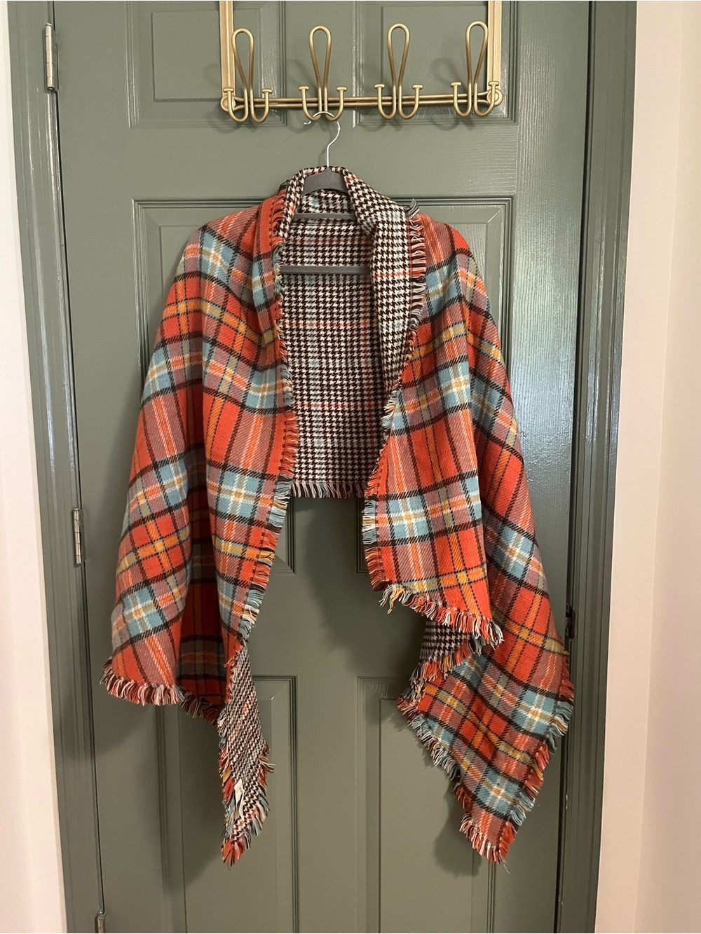 Anthropologie Orange Plaid Reversible Wrap Scarf